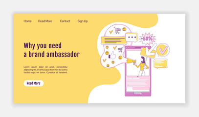 Poster - Brand ambassador landing page flat silhouette vector template. Social media marketing homepage layout. Influencer service one page website interface with cartoon outline character. Web banner, webpage