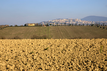 Ancona, Italy - January 1, 2019: A typical landscape in Marche country, Ancona, Marche, Italy