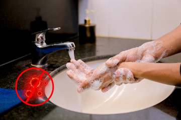  Washing hands rubbing with soap man for covid-19 virus prevention, hygiene to stop spreading covid-19virus.