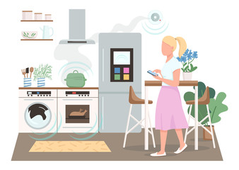 Poster - Modern housewife flat color vector faceless character. Automated household appliances remote control. Woman in smart kitchen isolated cartoon illustration for web graphic design and animation