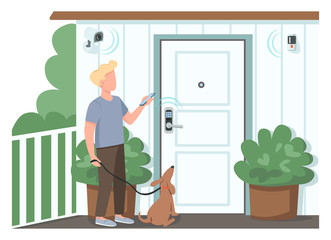 Poster - Guy using smart home security flat color vector faceless character. Man controlling automated locks and surveillance cameras. IOT isolated cartoon illustration for web graphic design and animation
