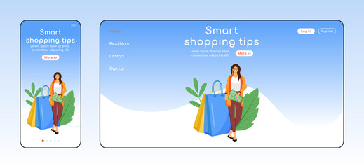 Poster - Smart shopping tips adaptive landing page flat color vector template. Customer help mobile and PC homepage layout. Money saving advice one page website UI. Consumerism webpage cross platform design
