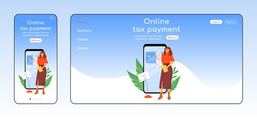 Poster - Online tax payment adaptive landing page flat color vector template. E commerce mobile and PC homepage layout. Utility services one page website UI. E payment app webpage cross platform design