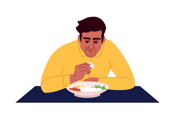 Poster - Indian man eating rice with hands semi flat RGB color vector illustration. Ethnic oriental cuisine. Young dark skin man enjoying traditional asian dish isolated cartoon character on white background