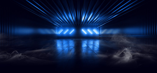 Sci Fi Futuristic Smoke Background Concrete Cement Pantone Blue Electric Neon Led Laser Glowing Lights Dark Night Studio Showcase Hallway Warehouse Stage Podium Cyber 3D Rendering