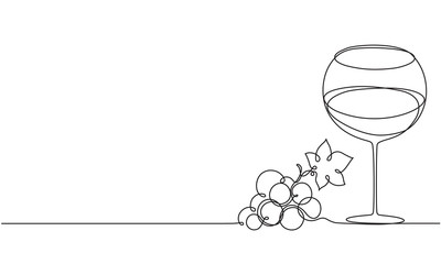 Wall Mural - Glass of wine and a bunch of grapes. Drawing by a continuous line