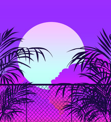 Aufkleber - Somber view on evening cloudy sky behind the fence, palm leaves in the foreground. Nature scene in cartoon or anime style.