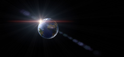 Wall Mural - earth in space with light rays. 3d rendering with copy space.