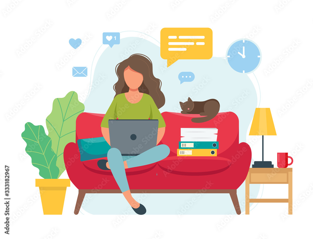 Home office concept, woman working from home sitting on a sofa, student or freelancer. Cute vector illustration in flat style - obrazy, fototapety, plakaty 