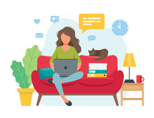 Home Office Concept, Woman Working From Home Sitting On A Sofa, Student Or Freelancer. Cute Vector Illustration In Flat Style