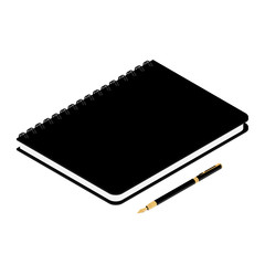 Poster - Black spiral notebook isolated and fountain pen on white background isometric view