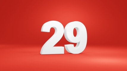 Number 29 in white on red background, isolated number 3d render