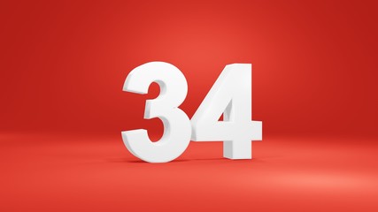 Number 34 in white on red background, isolated number 3d render