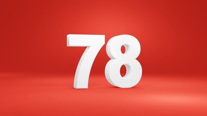 Number 78 in white on red background, isolated number 3d render