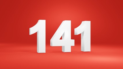 Number 141 in white on red background, isolated number 3d render