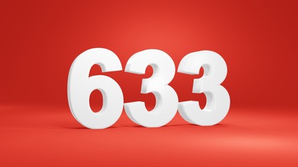 Number 633 in white on red background, isolated number 3d render