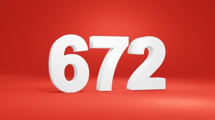 Number 672 in white on red background, isolated number 3d render