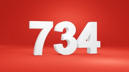 Number 734 in white on red background, isolated number 3d render