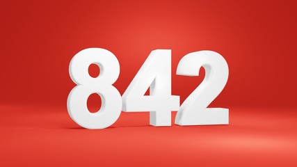 Number 842 in white on red background, isolated number 3d render