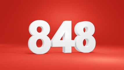 Number 848 in white on red background, isolated number 3d render