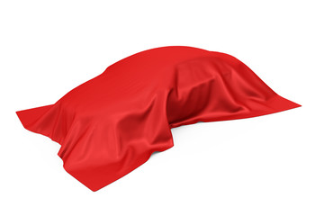 Poster - Surprise, Award or Prize Concept. Hidden Sedan Car Covered with White Silk Cloth. 3d Rendering