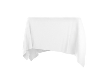 Poster - surprise, award or prize concept. hidden object covered with white silk cloth. 3d rendering