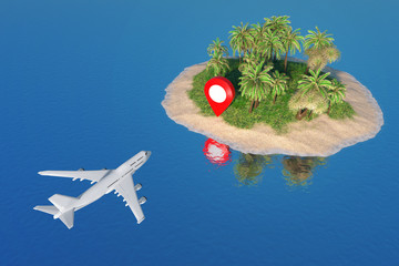 Poster - travel concept. white jet passenger airplane flying to map pointer on a desert sand island with palm