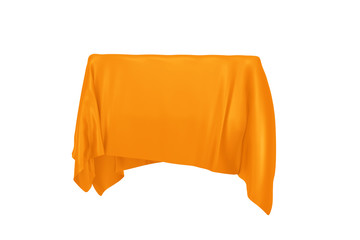 Poster - Surprise, Award or Prize Concept. Hidden Object Covered with Orange Silk Cloth. 3d Rendering