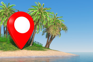 Poster - travel concept. map pointer on a desert sand island with palm trees in the middle of the ocean. 3d r