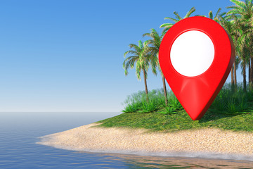 Poster - travel concept. map pointer on a desert sand island with palm trees in the middle of the ocean. 3d r