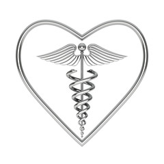 Poster - Silver Medical Caduceus Symbol in Shape of Heart. 3d Rendering