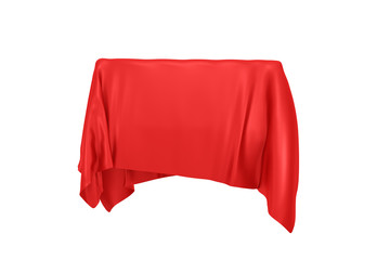 Poster - Surprise, Award or Prize Concept. Hidden Object Covered with Red Silk Cloth. 3d Rendering