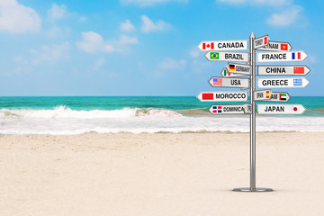 Poster - travel concept. signpost with various countries names and flags on the ocean beach. 3d rendering