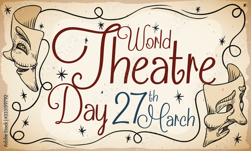 Cuadros en Lienzo Scroll with Retro Design of Masks to Celebrate World Theatre Day, Vector Illustr