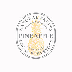 Wall Mural - pineapple farm badge or logo template. hand drawn fruit sketch with retro typography and borders. vi