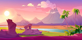 Prehistoric steaming volcanoes, cartoon volcanic background with palm trees, river and rock under pink sky with shining sun. Jurassic era of Earth evolution, tropical landscape, Vector illustration