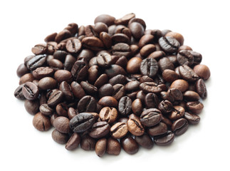 Poster - Round heap of roasted coffee beans top view isolated on white background