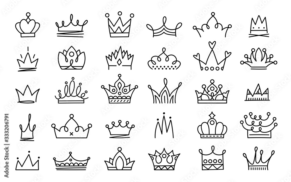 Doodle crowns. Line art king or queen crown sketch, fellow crowned ...