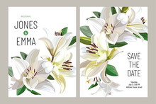 Floral Wedding Invitation Card Template Design. Light Lilies On White Background.