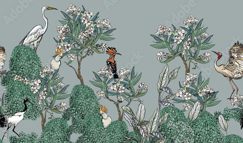 Dekoracja na wymiar  bezszwowe-obramowanie-biale-drzewo-kwiatowe-oleander-z-wieloma-ptakami-na-niebieskim-tle-panoramiczny-widok