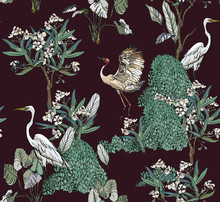 White Birds Cranes In Blooming Garden Spring Flowers On Dark Night Background, Exotic Wallpaper Design, Chinoiseire Tropical Birds In Floral Trees On Dark Background, Night Jungle