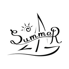 Brush lettering composition of Summer Vacation with handwritten sailboat and doodle sun on white background. Typography design. Vector illustration, EPS 10.