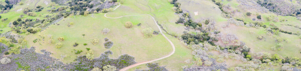 A narrow trail meanders through the green hills of the East Bay in Northern California. This open area, east of San Francisco Bay, is green in the winter due to rain and golden during the summer.