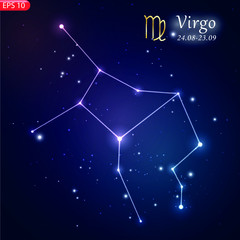 Wall Mural - Zodiacal constellation with bright stars. Star sign and dates of birth on deep space background. Astrology horoscope with unique positive people personality traits vector illustration.