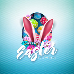 Sticker - Happy Easter Illustration with Colorful Painted Egg and Rabbit Ears on Blue Background. Holiday Celebration Vector Design with Flower for Greeting Card, Party Invitation or Promo Banner.