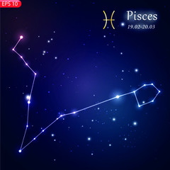 Wall Mural - Zodiacal constellation with bright stars. Star sign and dates of birth on deep space background. Astrology horoscope with unique positive people personality traits vector illustration.