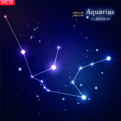 Wall Mural - Zodiacal constellation with bright stars. Star sign and dates of birth on deep space background. Astrology horoscope with unique positive people personality traits vector illustration.