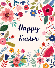 Easter greeting illustration with colorful spring flowers. Happy Easter template, invitation