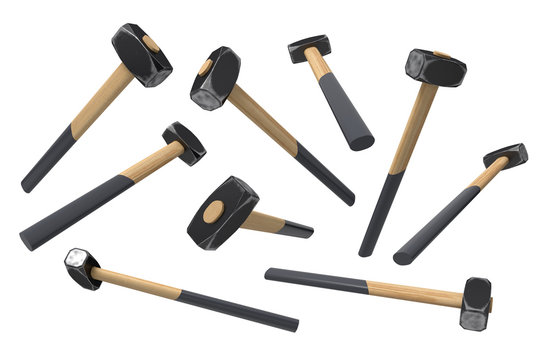 3d rendering of set of sledge hammers isolated on white background