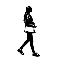 Wall Mural - Woman with handbag walking, young african american lady profile. Ink drawing. Isolated vector silhouette